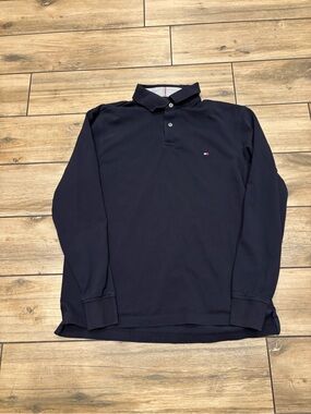 Tommy Hilfiger Mens Small Navy Blue Long Sleeve Polo Shirt Flag Logo
